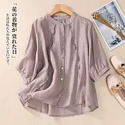 【ACheter】 襯衫立領開衫短袖防曬文藝范休閒棉麻感短版上衣# 121562 M 紫色