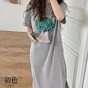 【初色】美式圓領短袖中大碼洋裝連身裙洋裝中長洋裝-7款任選-33851(M-2XL可選) 2XL B...灰色