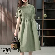 【初色】日系棉麻風涼爽透氣中大碼短袖洋裝連身裙-共12款任選-67993(M-2XL可選) L L.綠色