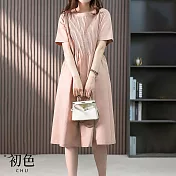【初色】日系棉麻風涼爽透氣中大碼短袖洋裝連身裙-共12款任選-67993(M-2XL可選) L L.粉紅色