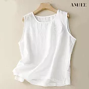 【AMIEE】棉麻顯瘦休閒無袖背心(KDTY-915) XL 白色