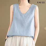 【AMIEE】文藝棉麻V領內搭無袖上衣(KDTY-8007) L 天藍色