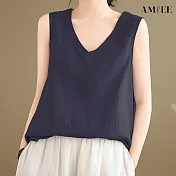 【AMIEE】文藝棉麻V領內搭無袖上衣(KDTY-8007) L 藏藍