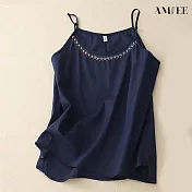 【AMIEE】復古棉麻無袖吊帶背心(KDTY-8250) XL 藏青色