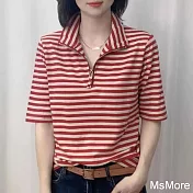 【MsMore】 網紅同款立領中袖T恤寬鬆顯瘦百搭條紋拉鍊短版上衣# 121423 3XL 紅色