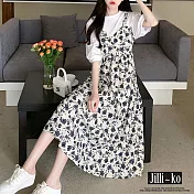 【Jilli~ko】假兩件溫柔風夏季碎花寬鬆吊帶連衣裙女 J11777 FREE 白色