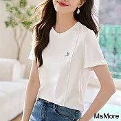 【MsMore】 拼接圓領短袖百搭基礎款簡約大氣韓版短版上衣# 121430 2XL 白色