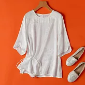 【MsMore】 奢感新中式白色盤扣絲質圓領五分袖圓領短版上衣# 121530 L 白色