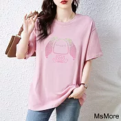 【MsMore】 卡通亮片粉色兔子刺繡圓領純棉大碼短袖t恤中長上衣# 121534 L 粉紅色