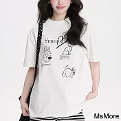 【MsMore】 可愛小狗圓領短袖T恤時尚減齡顯瘦正肩中長版上衣# 121508 L 白色