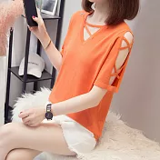 【MsMore】 冰絲短袖鏤空韓版大碼寬鬆百搭薄T恤衫短版上衣# 121722 XL 橘色