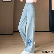 【MsMore】 新款天絲感牛仔褲國風刺繡直筒窄版休閒闊腿長褲# 121785 L 藍色