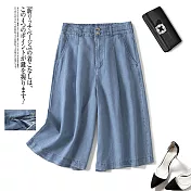 【ACheter】 柔軟垂感七分褲裙寬鬆天絲感牛仔冰絲牛仔闊腿短褲# 121796 M 藍色
