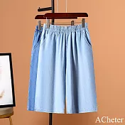 【ACheter】 垂感柔軟天絲感牛仔薄款五分闊腿短褲鬆緊高腰# 121800 M 藍色