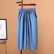 【ACheter】 寬鬆冰絲薄款系帶哈倫褲天絲柔軟牛仔褲蘿蔔垂感七分# 121801 L 深藍色