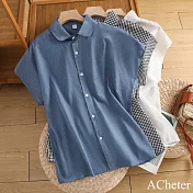 【ACheter】 純棉圓領設計感寬鬆小飛袖棉麻襯衫短版上衣# 121829 L 藍色