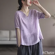 【ACheter】 棉麻感短袖V領復古文藝刺繡寬鬆中長版上衣# 121831 M 紫色 M 紫色