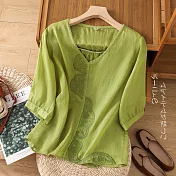 【ACheter】 復古刺繡棉麻感寬鬆顯瘦V領純色短袖短版上衣# 121832 M 綠色