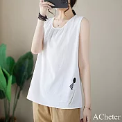 【ACheter】 白色貼布細皺棉麻感圓領背心外穿寬鬆無袖中長版上衣# 121833 M 白色