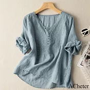 【ACheter】 短袖氣質刺繡V領棉麻感上衣寬鬆短版# 121835 L 藍色