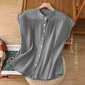 【ACheter】 日系棉麻感襯衫小立領寬鬆舒適休閒無袖背心短版上衣# 121836 L 灰色