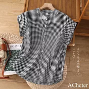 【ACheter】 日系棉麻感襯衫小立領寬鬆舒適休閒無袖背心短版上衣# 121836 L 格子色