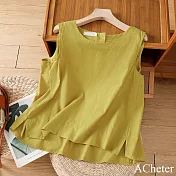 【ACheter】 棉麻吊帶背心寬鬆薄款內搭亞麻感無袖短版圓領亮色上衣# 121839 L 黃色