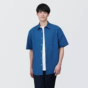 【MUJI 無印良品】男棉水洗平織布短袖襯衫 S 藍色