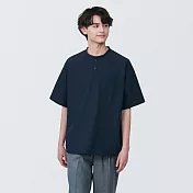 【MUJI 無印良品】男棉混涼感亨利領布帛短袖T恤 S 深藍