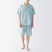 【MUJI 無印良品】男有機棉無側縫泡泡紗短袖家居睡衣 M 煙燻藍直紋
