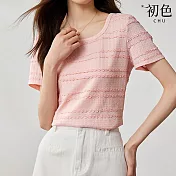 【初色】簡約純色拼接條紋肌理感方領短袖T恤上衣女上衣-共2色-33449(M-2XL可選) M 粉色