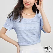 【初色】簡約純色拼接條紋肌理感方領短袖T恤上衣女上衣-共2色-33449(M-2XL可選) XL 藍色