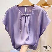 【初色】純色圓領盤扣釘珠連肩袖短袖雪紡衫上衣女上衣-共3色-33426(M-2XL可選) 2XL 紫色