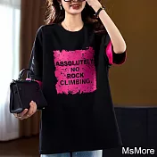 【MsMore】 印花釘珠短袖T恤寬鬆圓領中長版上衣大碼# 121657 2XL 黑色