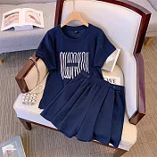 【MsMore】 大碼圓領短袖時尚運動套裝百搭上衣短褲兩件式休閒套裝# 121724 L 藍色
