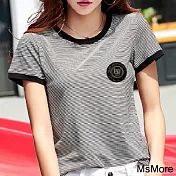 【MsMore】 純棉條紋時尚修身顯瘦氣質短袖圓領t恤短版上衣# 121814 M 黑色