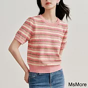 【MsMore】 多巴胺短袖針織衫正肩條紋短版圓領上衣# 121816 FREE 粉紅色