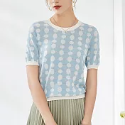 【MsMore】 短袖圓領休閒絲質上衣氣質短版針織# 121818 FREE 藍色