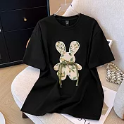 【MsMore】 新中式國風兔子刺繡純棉大碼圓領短袖T恤短版上衣# 121602 2XL 黑色