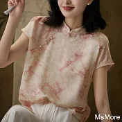 【MsMore】 國風新中式蕙蘭粉小立領盤扣絲質短版上衣# 121614 L 粉紅色