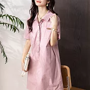 【MsMore】 工裝連身裙翻領寬鬆顯瘦休閒中長版短袖洋裝# 121626 L 粉紅色