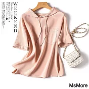 【MsMore】 矜貴清爽彈力重绉絲質連帽T恤短版上衣# 121753 M 粉紅色