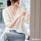 【MsMore】 時尚復古法式V領短袖通勤簡約米白襯衫短版上衣# 121760 M 米白色