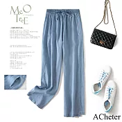 【ACheter】 薄款天絲感牛仔九分顯瘦寬鬆鬆緊腰大碼闊腿拼接長褲# 121797 XL 藍色