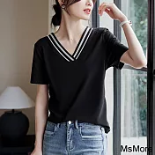 【MsMore】 V領織帶設計短袖T恤優雅氣質黑色短版上衣# 121807 M 黑色