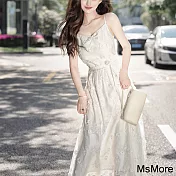 【MsMore】 白月光吊帶連身裙立體繡花亢皺精緻可調節帶長洋裝# 121842 L 白色