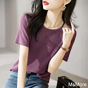 【MsMore】 氣質優雅簡約純色鏤空露肩短袖針織衫短版上衣# 121862 FREE 紫色