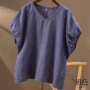 【初色】棉麻風寬鬆V領繡花蝙蝠袖短袖T恤女上衣-共3色-33716(M-2XL可選) M 深紫色
