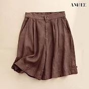 【AMIEE】棉麻復古休閒五分短褲(KDPY-1805) L 咖啡色