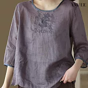 【AMIEE】棉麻刺繡文藝拼色圓領襯衫(KDTY-5808) L 紫色